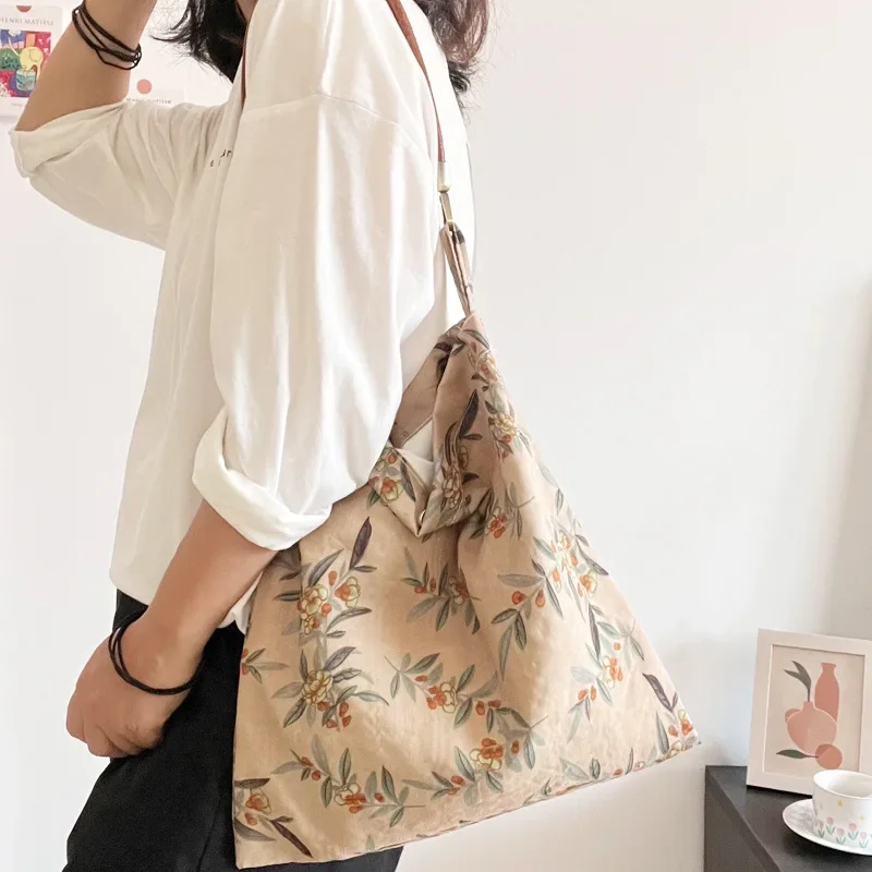 

Элегантная женская сумка на плечо в стиле ретро с цветочным принтом, тонкая хлопчатобумажная ткань, женские дорожные сумки для покупок, большая вместительная женская сумка под мышками