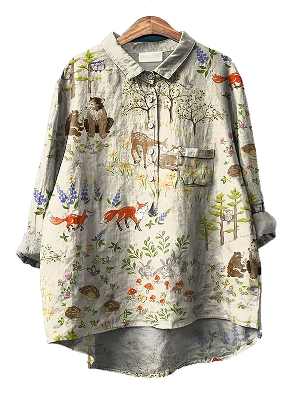 

Retro Large Size Button up Long Sve Casual Loose Fit irt Plant Fruit Patterned mid Length Women's plus Size irt