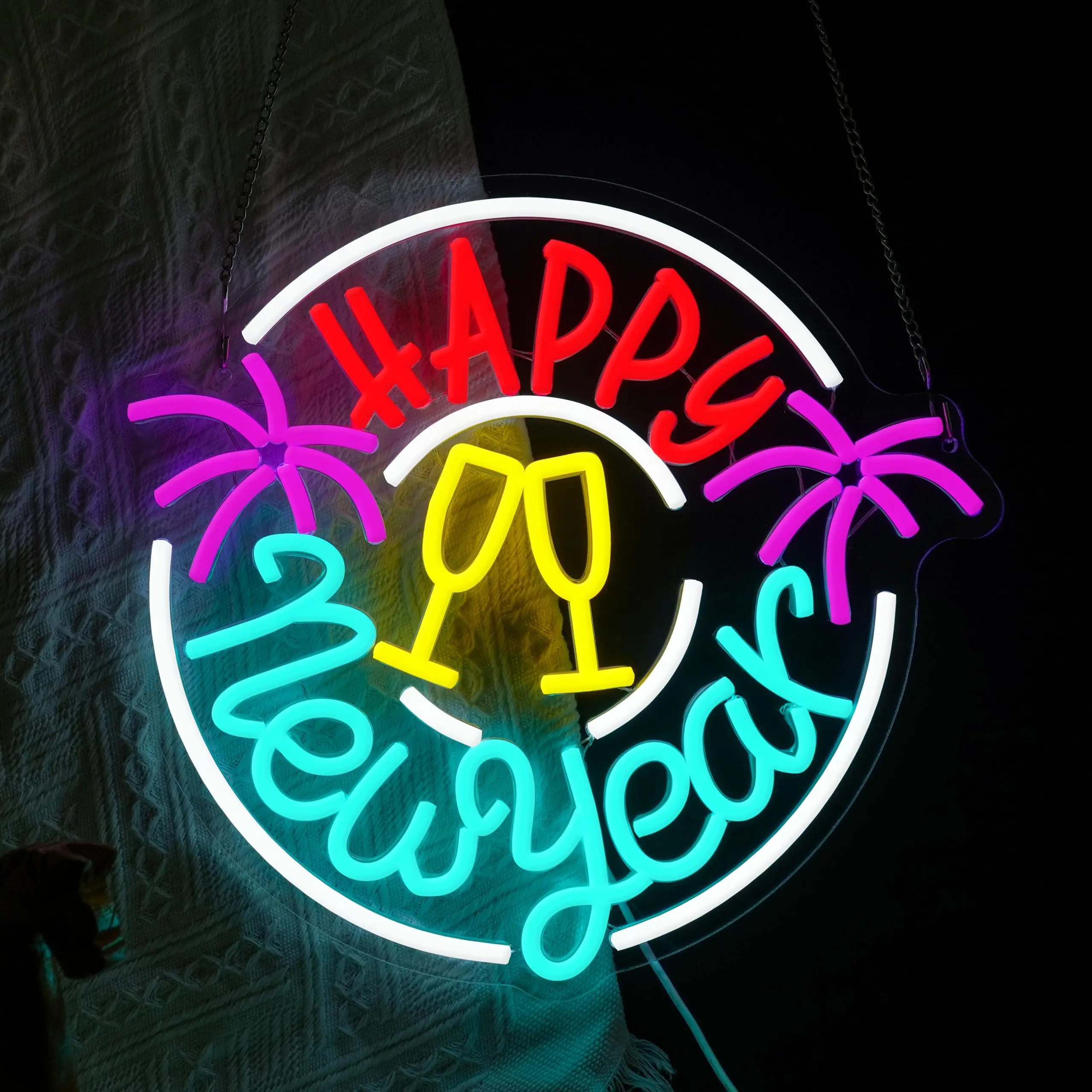 سنة جديدة سعيدة النيون تسجيل عكس الضوء الشمبانيا نظارات الألعاب النارية LED النيون تسجيل جدار ديكور ليلة رأس السنة الجديدة حفلة المنزل بار عطلة #3