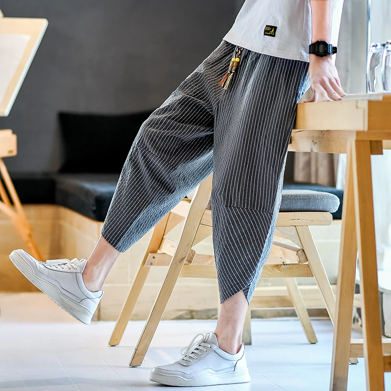 

Cotton Linen Stripe Men's Summer Thin Seven-Foot Lantern Pants Loose Fit Casual orts Breathable Lightweight Vintage Sle