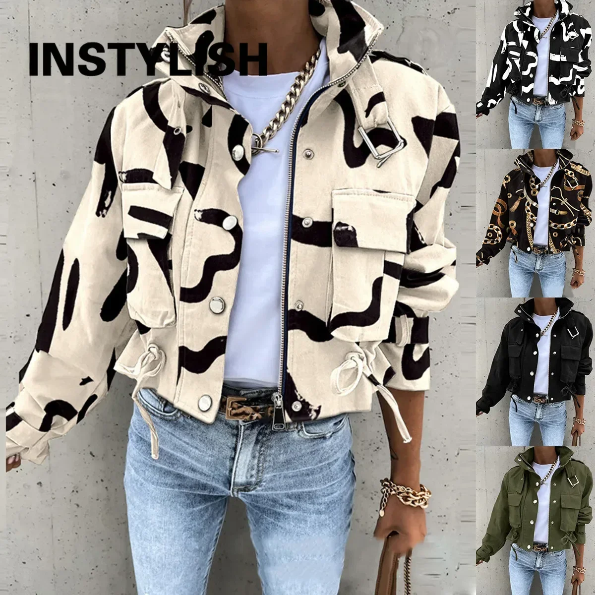 Women Cropped Cargo Jacket Stand Collar Zip Button Long Sleeve Coat Multi Pocket Drawstring Streetwear Casual Short Outerwear