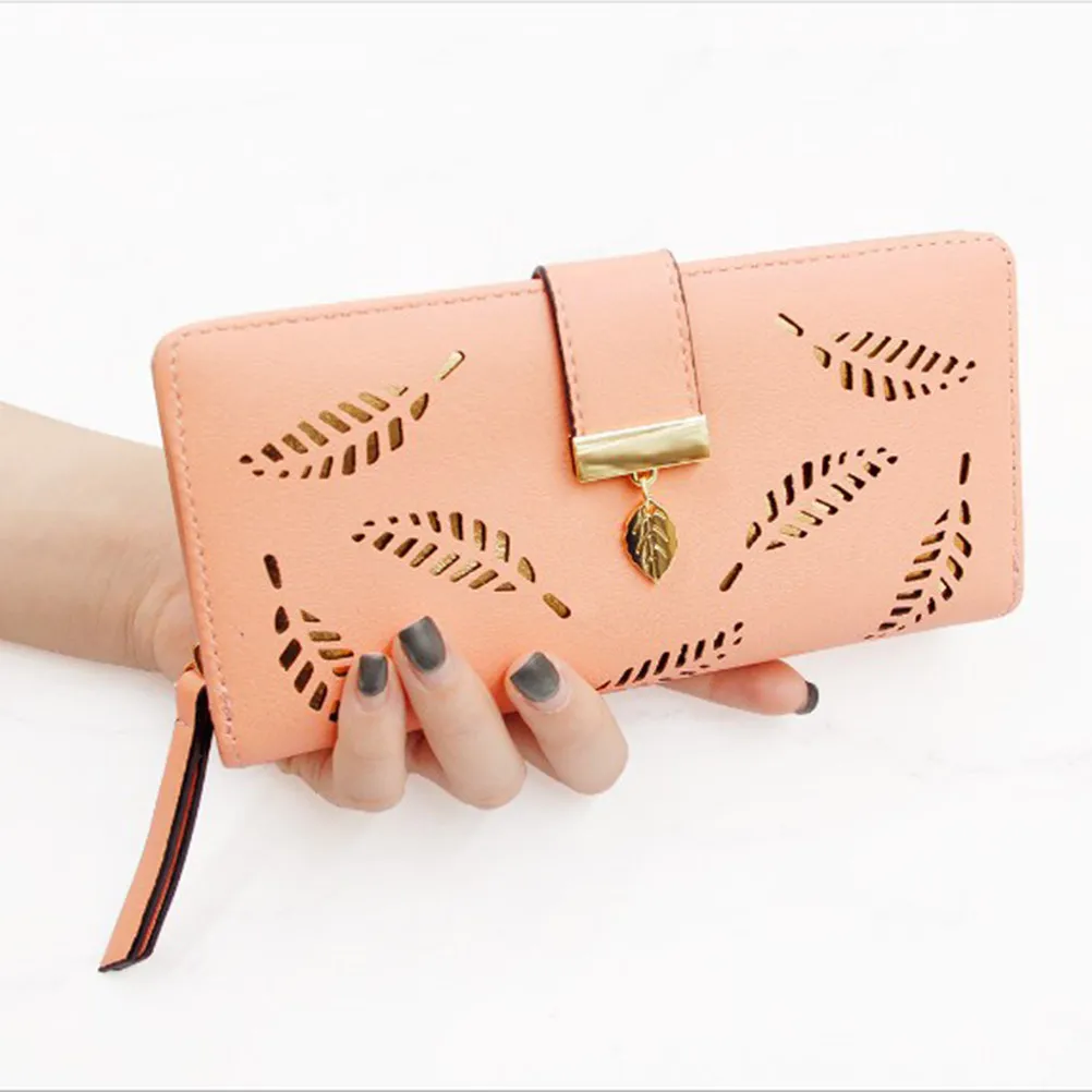 

Женский кошелек из ПУ с вырезами в виде листьев, на молнии, розовый, складной, для монет, наличных, ключей, маленький кошелек для повседневного использования