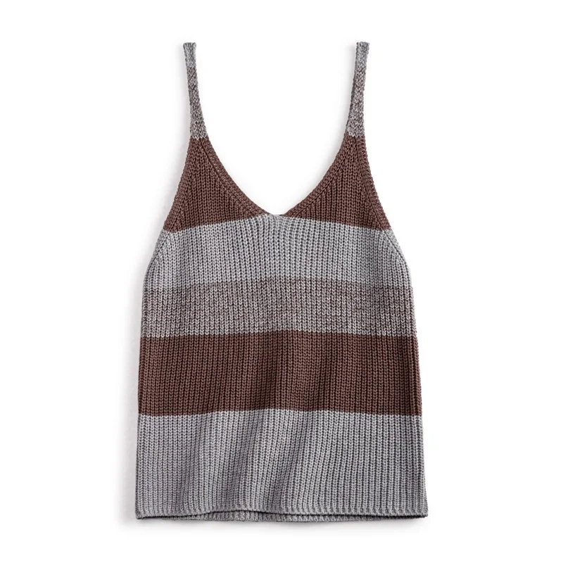 Maden Vintage Striped Camisole Women Summer Loose Color-blocked V-Neck Vest Cotton Knit Sleeveless Top Medium Elasticity Tank