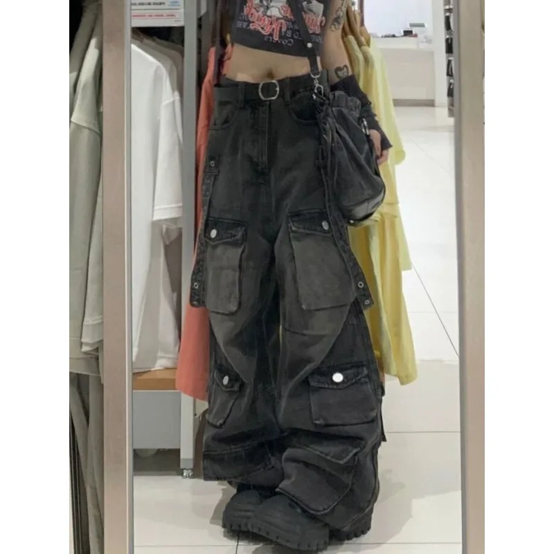 Punk Women Black Vintage Streetwear Pants Baggy Jeans Korean Pockets Straight Trousers Wide Leg Denim Oversize Clothes