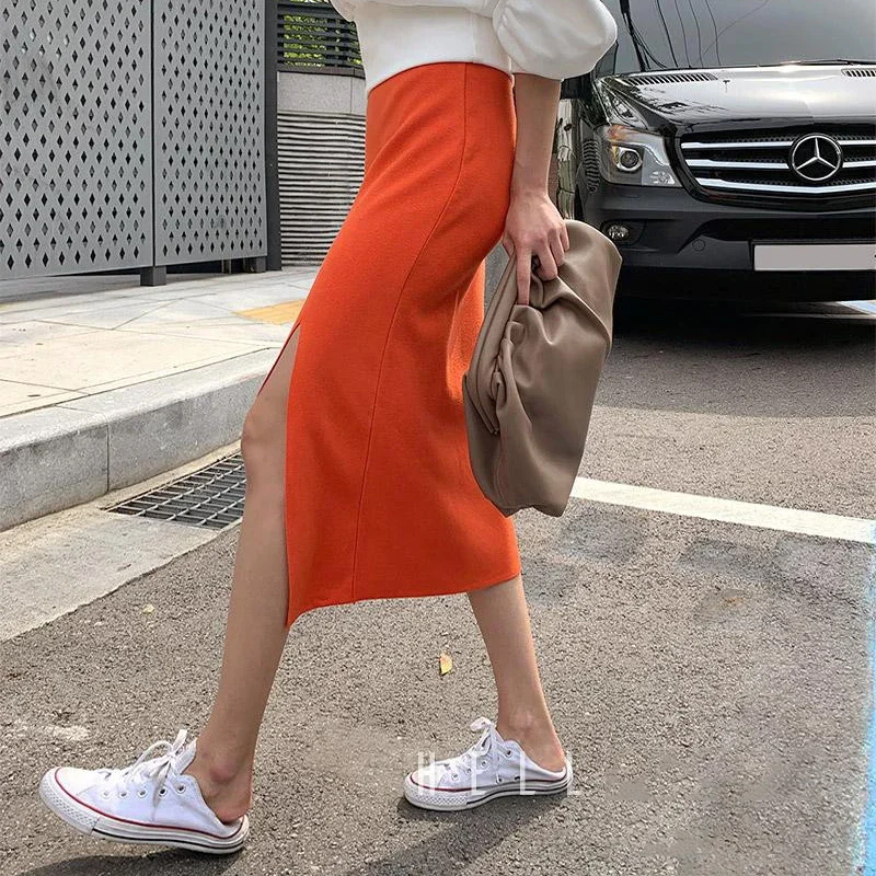 Orange Knitted Skirts Women Elastic Waist Split Pencil Skirt Korean Casual Bodycorn Long Midi Skirt Sweet Vintage Elegant X049