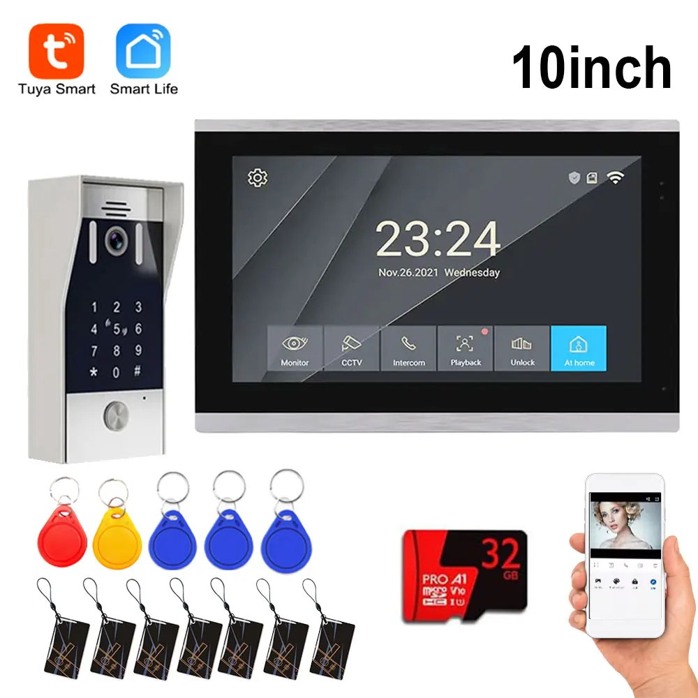 New Tuya WiFi 10inch Touch Monitor 5-in-1 Fingerprint Password APP Unlocking Video Intercom System,With 1080P HD Security Camera