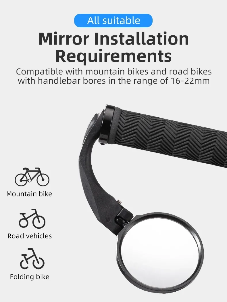 ROCKBROS 360 ° Verstellbarer Fahrradspiegel für Mountainbikes und Rennräder, HD-Klappbarer Rückspiegel für 16-22mm Innendurchmesser Lenker – Detail 5
