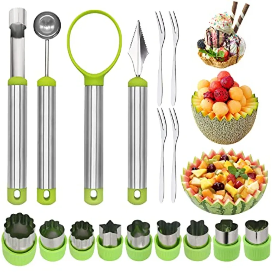 

17 Pack Melon Baller Scoop Set - 4 in 1 Stainless Steel Fruit Tool Set Fruit Scooper Seed Remover with Fruit Vegetable Cutter S