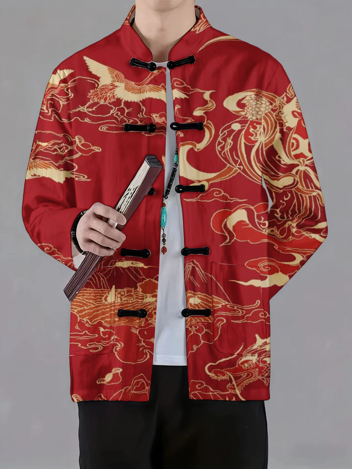 Men Men Chinese Style Tang Suit Jacket Mandarin Collar Frog Button Red Golden Crane Cloud Totem Print Long Sleeve Fashion Outerwear - Aliexpress Deal