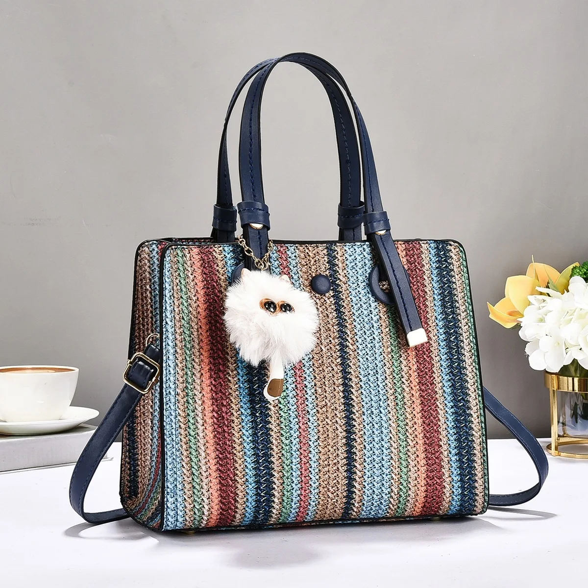 

Korean Style Striped Large Capacity For Women 2025 New Luxury Versatile Stylish Commuter Shoulder Tote Bag with Fur Cartoon