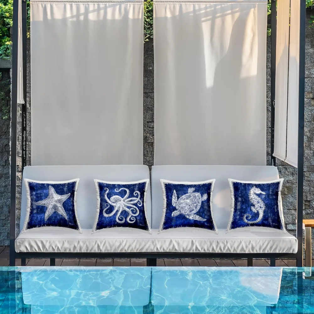 Sea Life on Abstract Blue Design by Paul Brent (Set of 4) Outdoor Printed Throw Pillow, 18 x 7 x 18, 4 Count