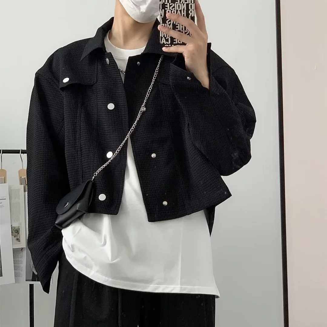 Trendy Fashionable Casual Short Jacket for Men Vintage Lapel Outwear Korean Crop Coats All-match Male Long Sleeve Streetwear