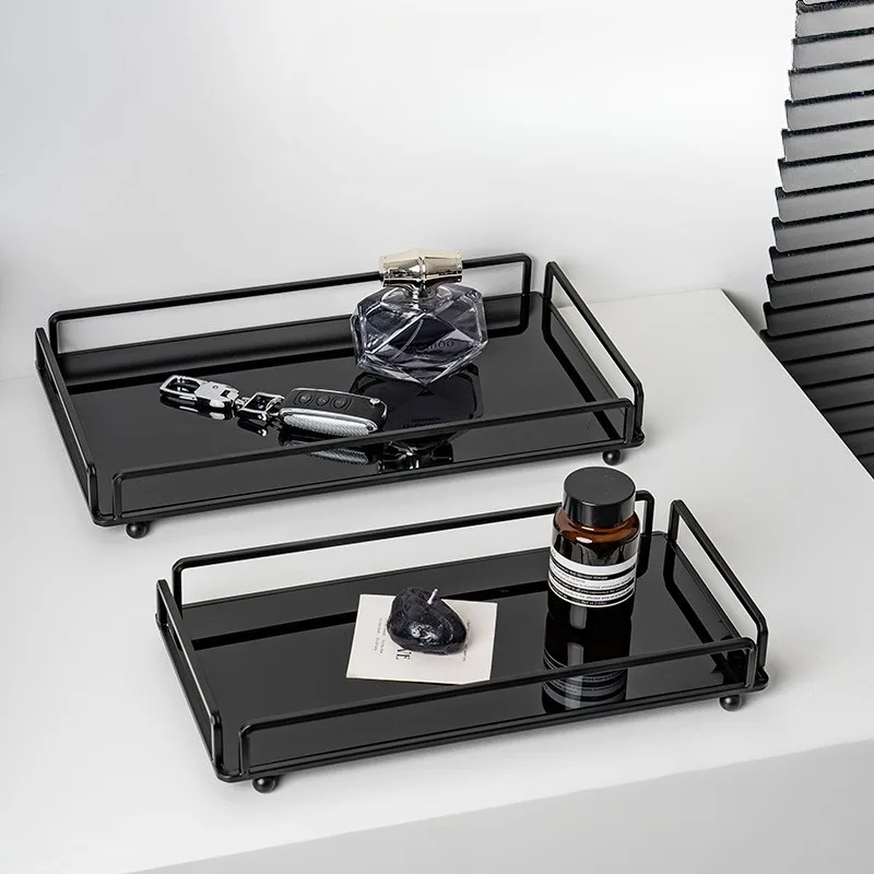 Nordic Glossy Acrylic Wrought Iron Tray Showroom Living Room Desktop Storage Tray Organizer Tea Set Tray Decorative Ornaments