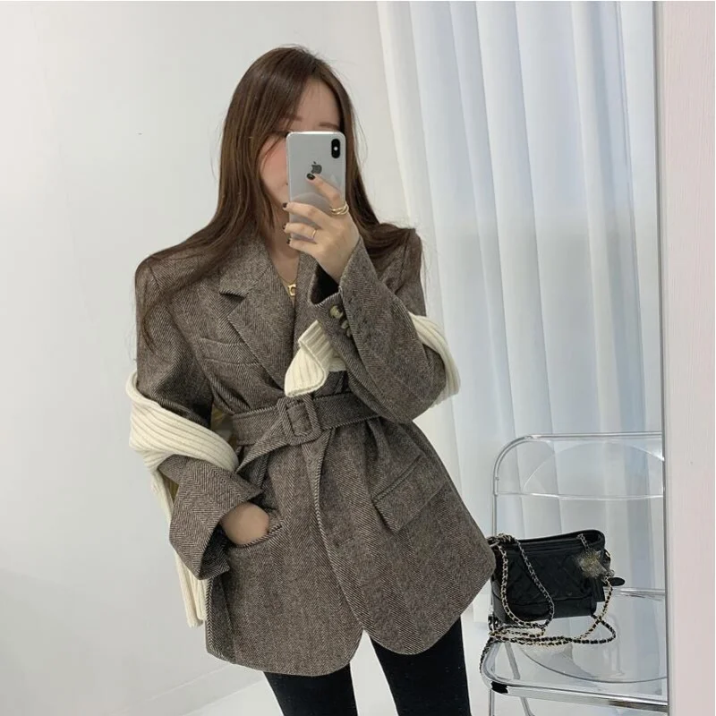 Traje adelgazante grueso ceñido con cintura con lazo de estilo coreano, abrigo de lana, ropa de mujer, abrigo de invierno, traje informal holgado para ir al trabajo, Blazers
