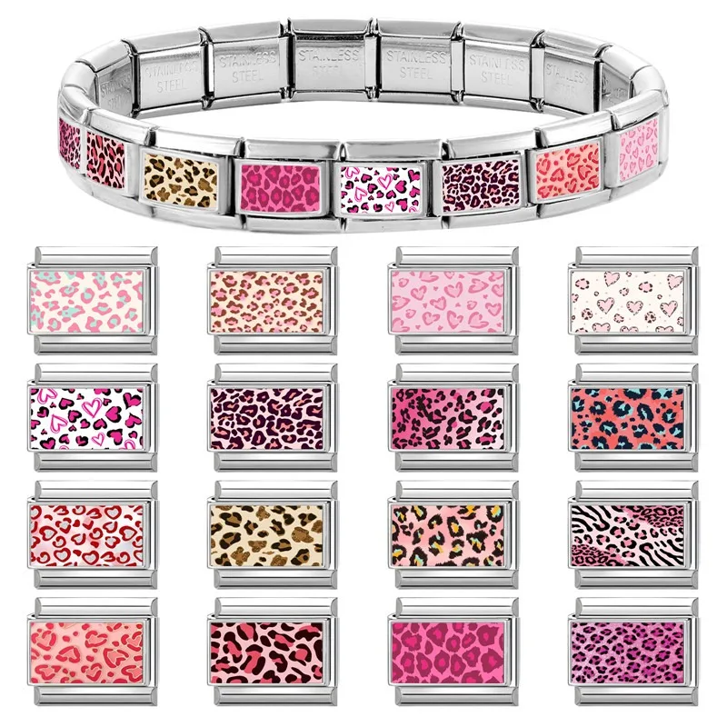 Wholesale Women Fashion Gold Leaf Pink Leopard Print Italian Charm Fit 9mm Stainless Steel Bracelet Drop Shipping Gifts Jewelrys
