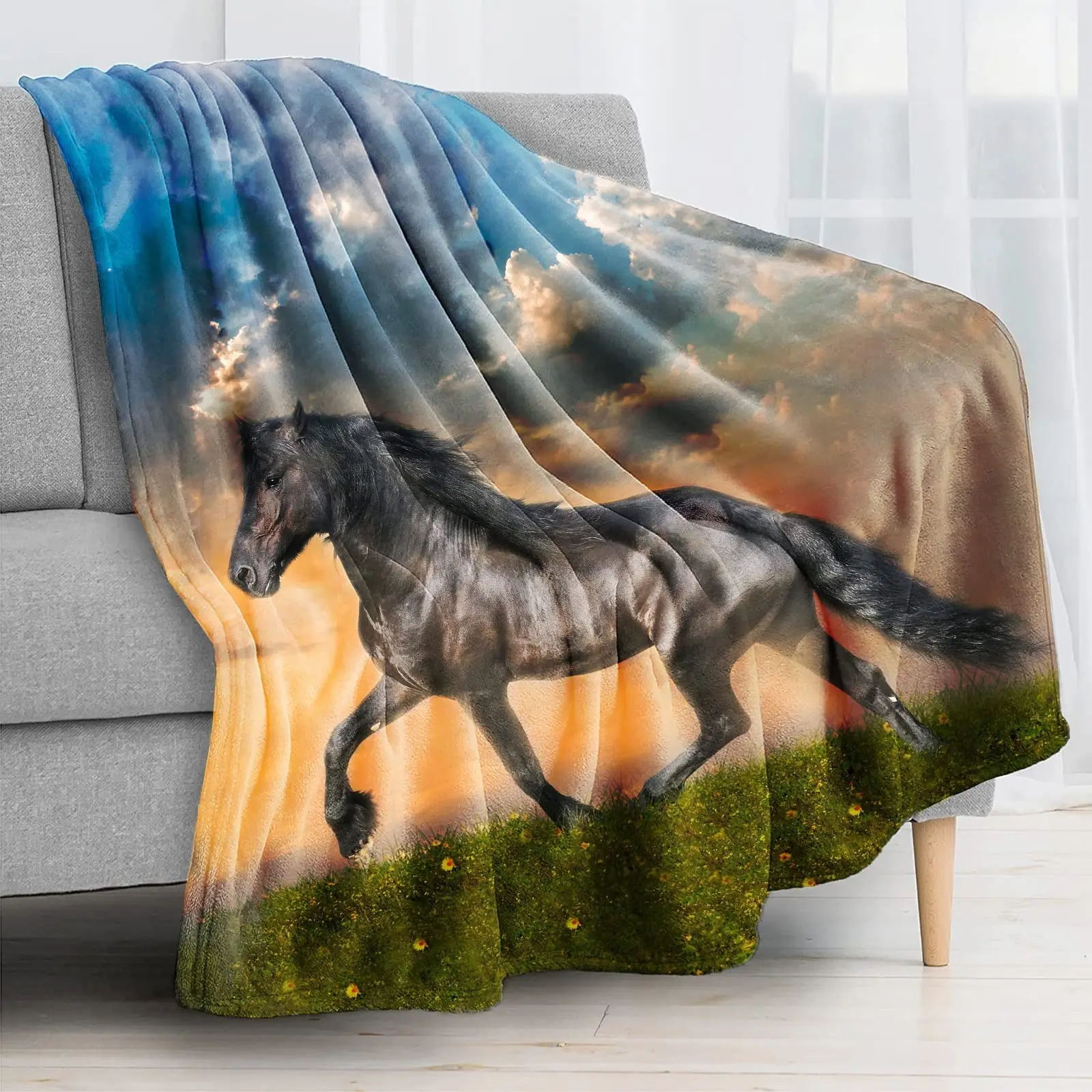 Western Galloping Horse Throw Blanket Lightweight Soft Warm Flannel Blanket for Bed Couch Sofa Living Room,Brown Horse Blankets