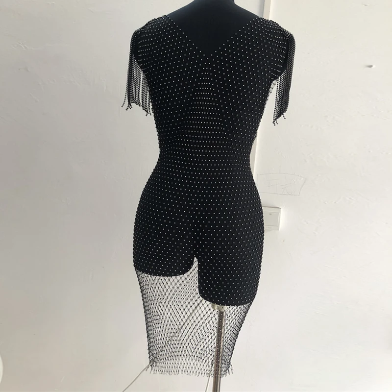 Strass-Fransen Netz-Überwurfkleid Transparentes Fischnetz-Quasten-Minikleid für Damen Clubwear Strand-Bikini-Überwurf Schwarz Weiß – Detail 10
