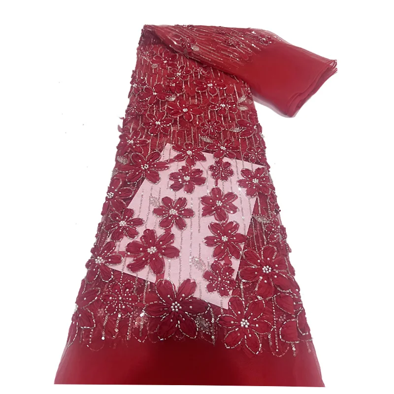 Tela de encaje de malla bordada 3D hecha a mano africana, tela de encaje con cuentas de lentejuelas francesas 2025, vestido nigeriano, vestido de boda para mujer