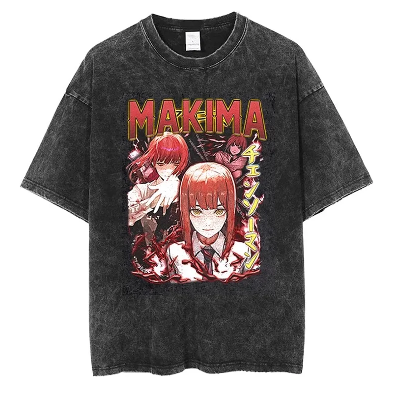 

2026 Chainsaw Man Denji Pochita Washed T Shirt Retro Graphic Tee Harajuku Casual Cotton Short Sleeve Tee Tops