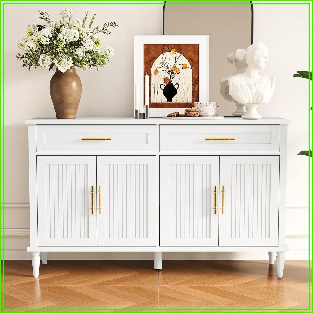 58 Inch Sideboard Buffet Cabinet Fluted, 2 Drawers, 4 Doors, Adjustable Shelves Living Room, Kitchen