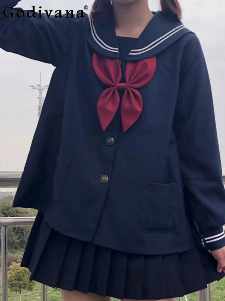 

JK осень зима темно-синяя милая японская темно-синяя рубашка с воротником матросская рубашка с длинным рукавом милая девушка универсальная возрастная плиссированная юбка