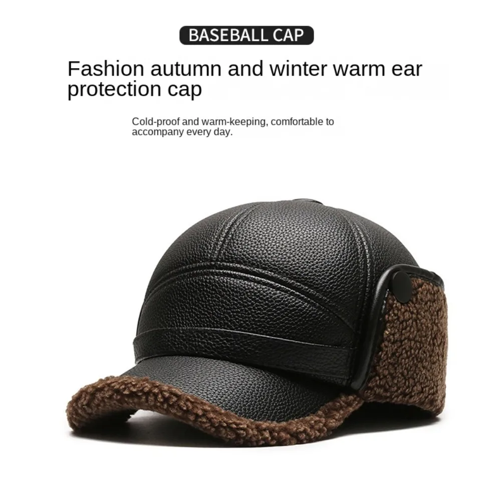 Dad Grandpa Old Man Winter PU Leather Hat Male Winter Dad Grandpa Thermal Hat Thick Warm Leather Hat Outdoor Ear Protection Cap