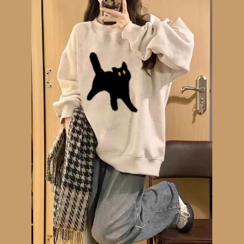 Koreanische Mode Frauen Übergroßen Lose Hoodie Herbst Winter Neue Cartoon Katze Gedruckt Langarm Vielseitig Top Trendy Grundlegende Stil