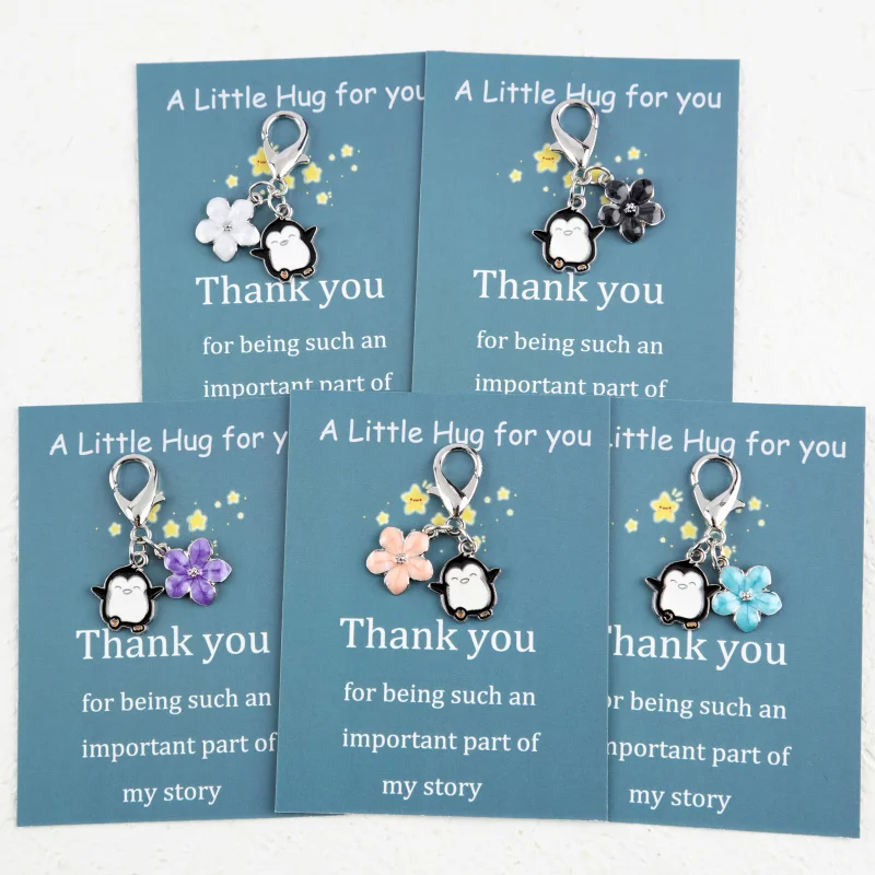 5A cute penguin and cherry blossom keychain set，Comes with a hug pattern、Greeting Card、Thank you gift、Unique Keychain Set、Party