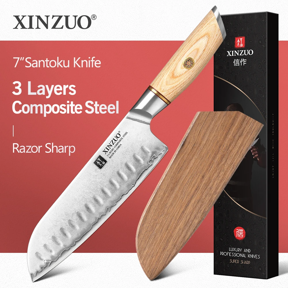 XINZUO 7'' Inch Santoku Knife Composite Stainless Steel Kitchen Tool with Japanese-style Pakkawood + Copper Flower Rivets Handle