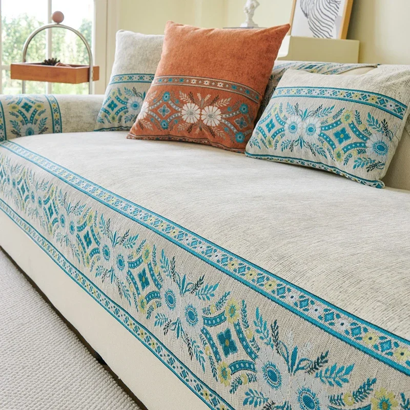 Ethnic Printed Chenille Bohemian Sofa Cushion Cover, Elegant Decorative Couch Protector Pad Living Room Home Decor 1pc