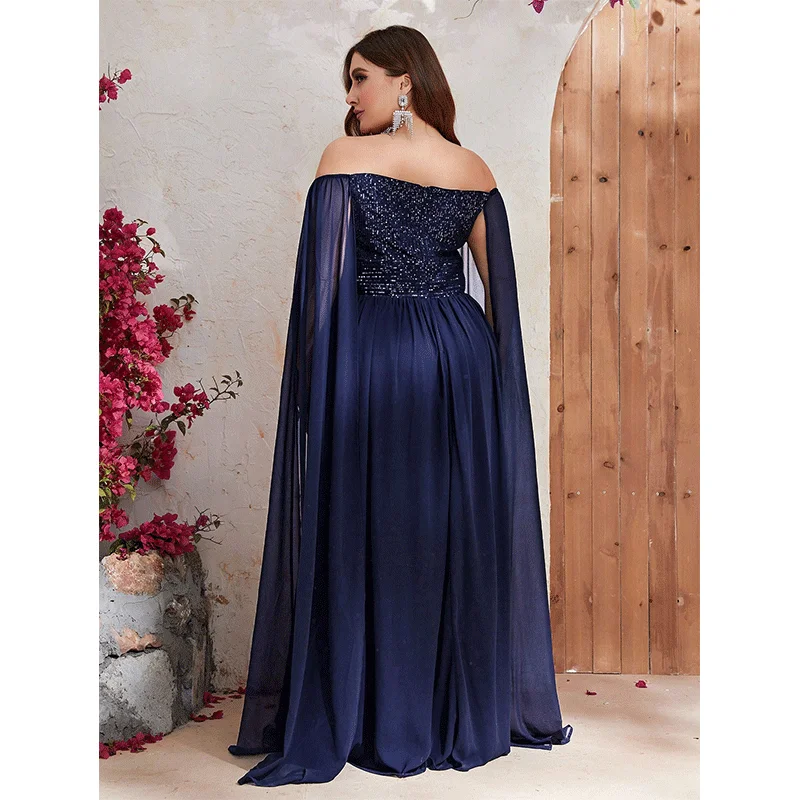 Plus Size Off Shoulder Cape Sleeve Sequined Loose Shiny Long Evening Gown Big Size Elegant Chiffon 5XL 6XL Evening Dreeses f