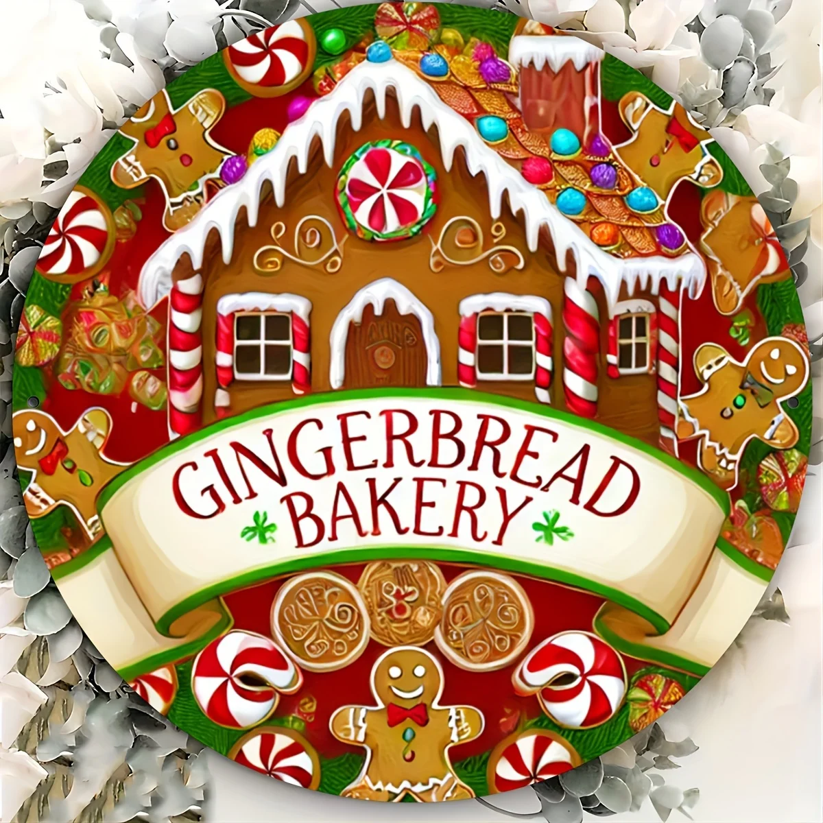 1-Piece Holiday Gingerbread House Aluminum Sign - 8x8 Inch Round Metal Wall Decor, Featuring Vibrant Holiday Designs