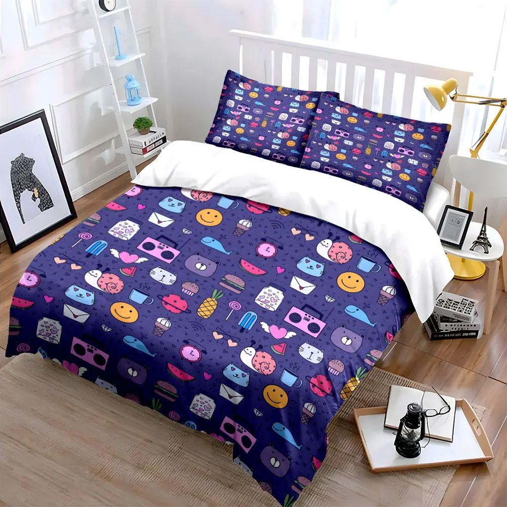 Cute Hand-Drawn Cartoon Pattern Bedding Set for Kids Luxury Gift 3pcs Digital Print Comforter Set Soft Comfortable Breathable