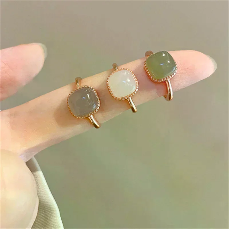 Vintage Artificial Jade Square Ring Autumn Winter Chinese Style Crystal Geometric Finger Ring For Women Fashion Jewelry