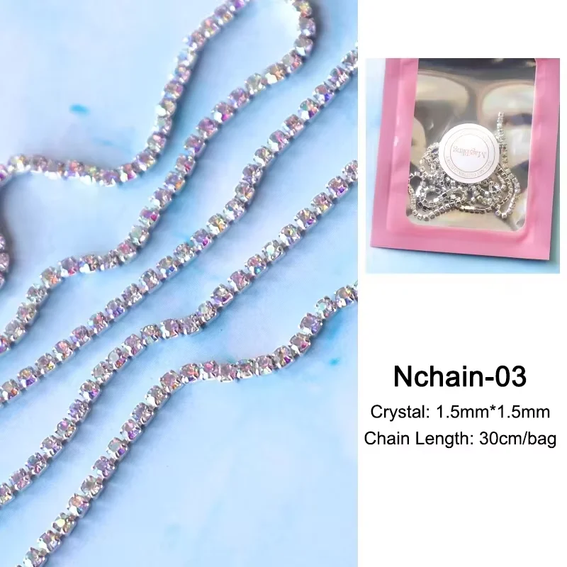 30cm Lange Luxus-Kristallketten-Nagelcharms 1,5/2mm Glänzende Klare/AB Diamant-Perlen Nagelkunst Metall-Stahl Französische Nagel-Maniküre-Teile – Detail 8