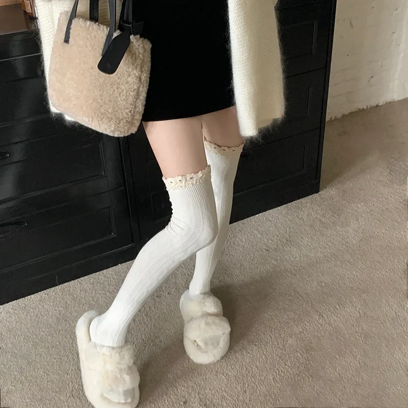 Sexy Vintage Lace Long Knee Socks Premium Feel Light Luxury Warm Black White Grey Over Knee Thigh High Stockings Women