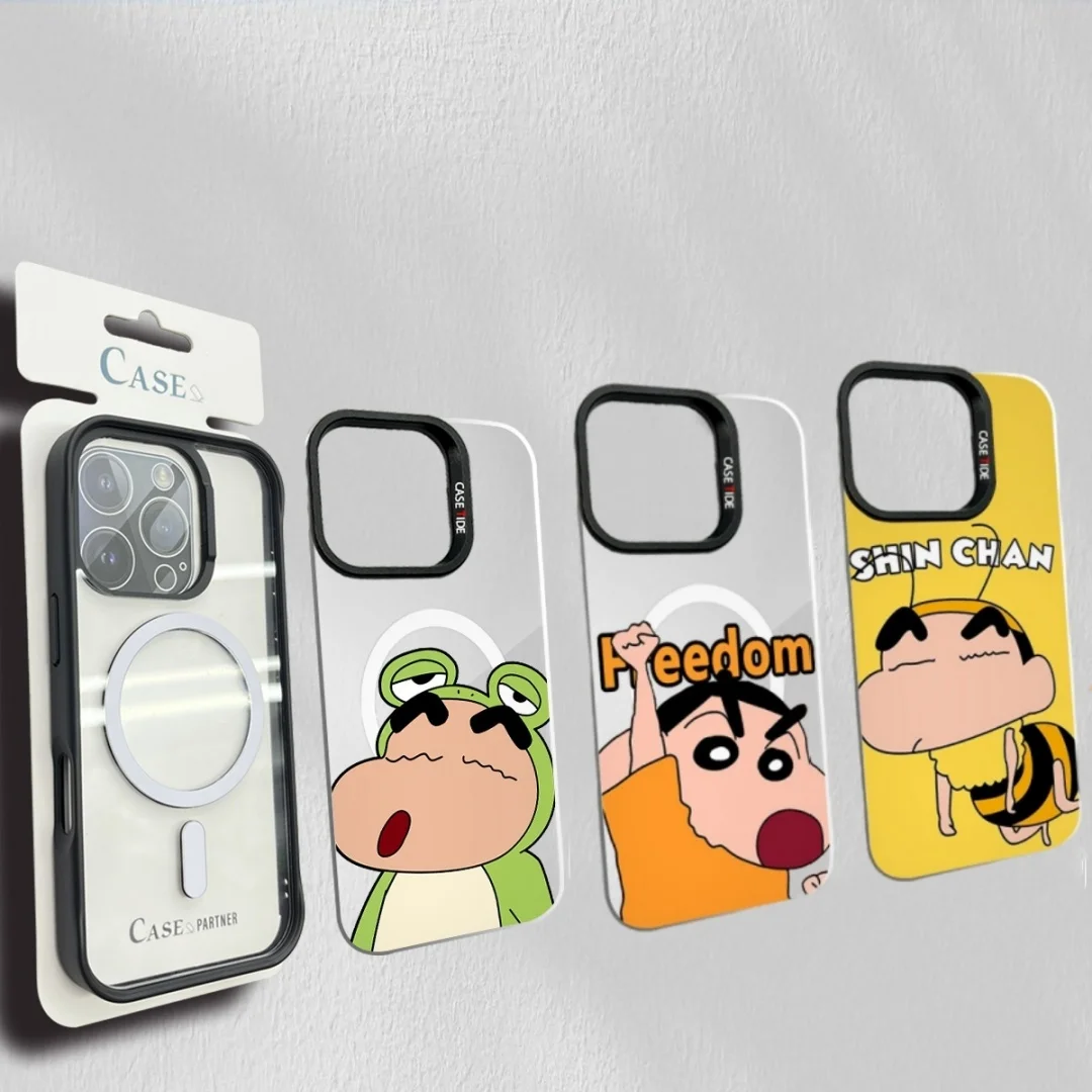 

Funny Crayon Shin-chan Phone Case for iPhone 11 12 14 15 16 Pro Max Plus Nowara Shnnosuke 2 in 1 Magnetic Magsafe Cover