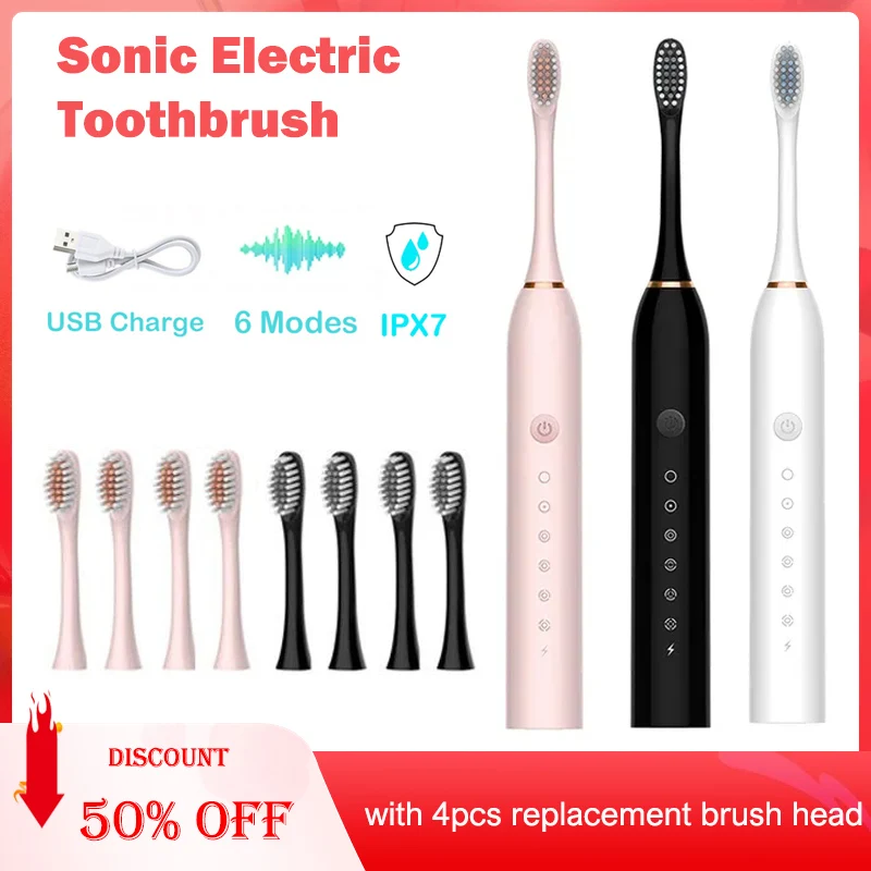 Electric Toothbrush Smart Timing Tooth Brush USB Rechargeable Teeth Clean Whitening Sonic Toothbrush With Replacement Head