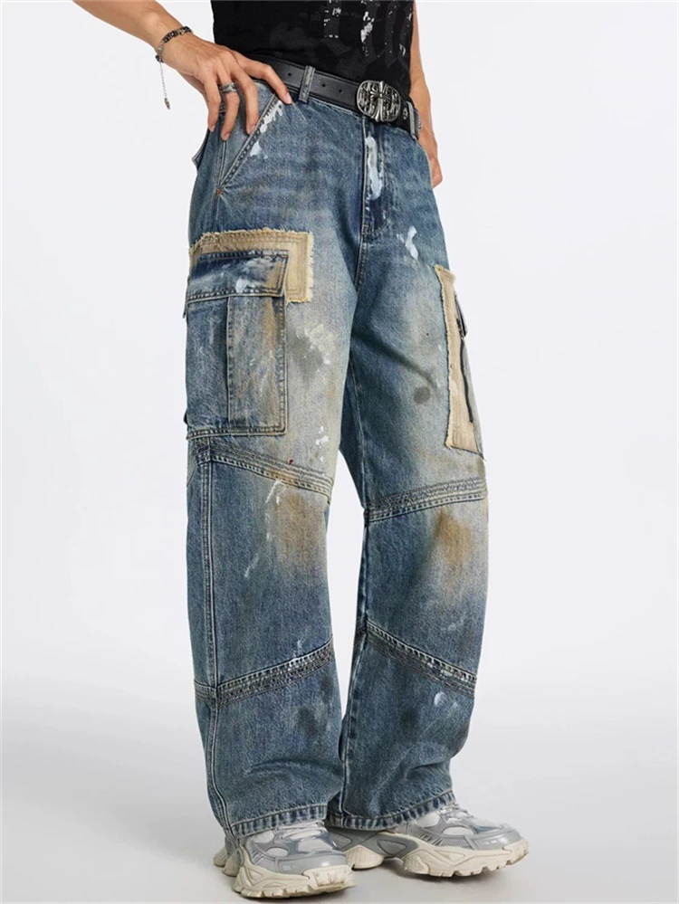 Men's Paint Splatter Design Dirty Jeans Casual Street Style Multi Pockets Cool Boy Wide Leg Denim Pants Male Cargo Trousers