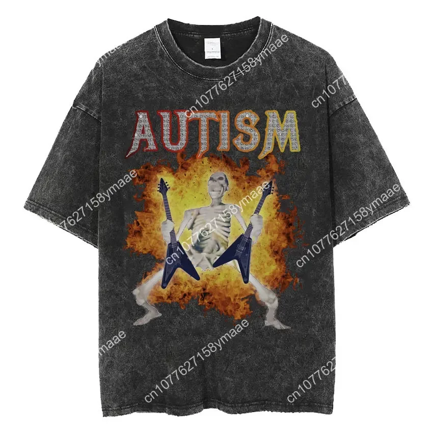 Autism Skeleton Meme T Shirt Human Funny Skull Men Women Harajuku Gothic Vintage Washed T Shirts Oversized Casual Cotton T-shirt