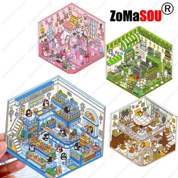 Nieuw! Cartoon 3D DIY landschapsarchitectuur stickers miniatuur scène stapelen en plakken handaccountstickers kerstcadeau voor kinderen