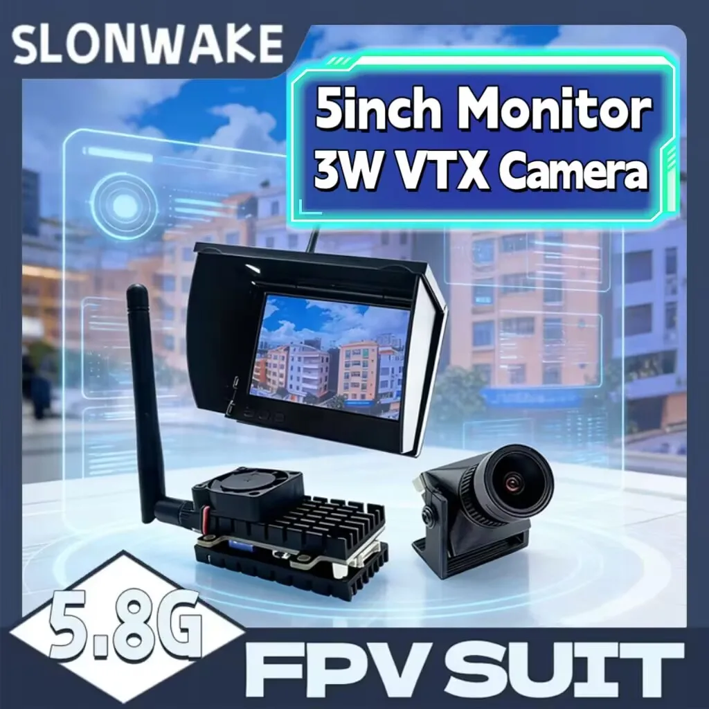 SLONWAKE 5.8G 3W Video VTX Transmitter and 1800TVL Starlight Night Vision Camera FPV 5inch Display screen for RC Playing Drone.