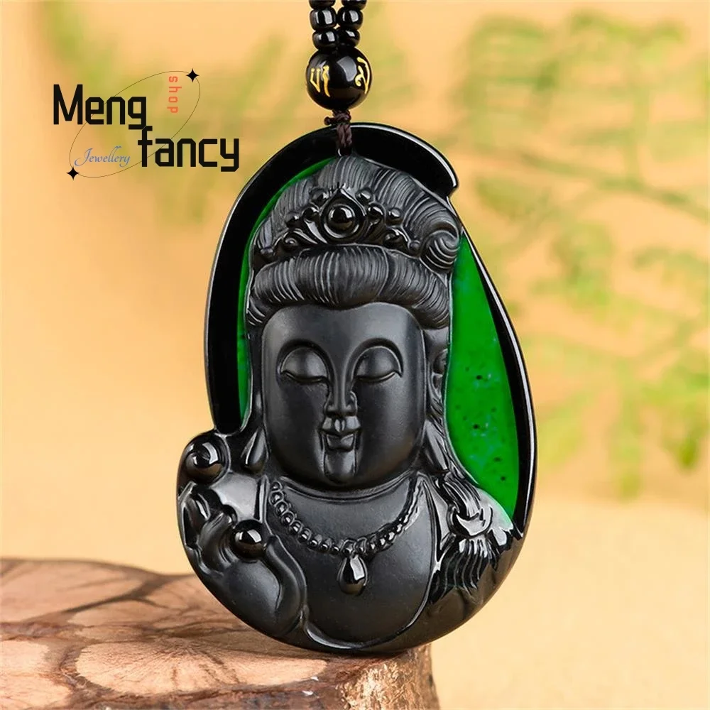 

Natural A-goods Jadeite Ink Cui Guanyin Head Jade Pendant Exquisite Engraver Buddhist Amulets Handicraft Fashion Luxury Jewelry