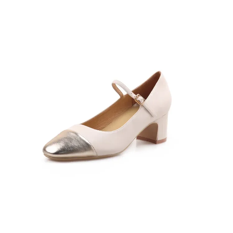 Round toe color block thick heel shoes with fashionable and personalized style for banquets and commuting