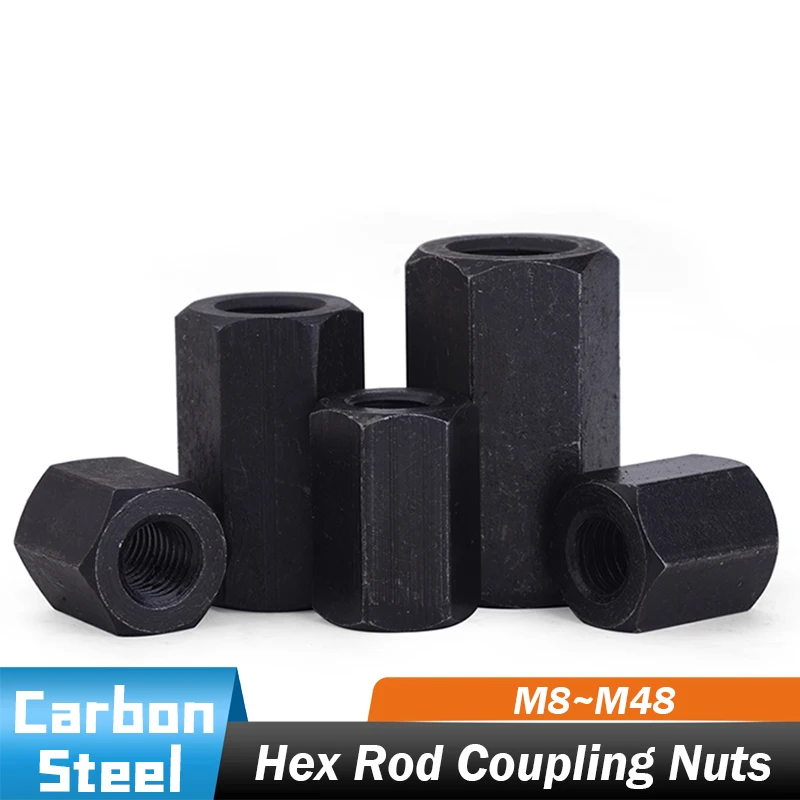 

Black Carbon Steel M8~m48 Hex Rod Coupling Nuts Long Threaded Rod Connector For Studs & Rods