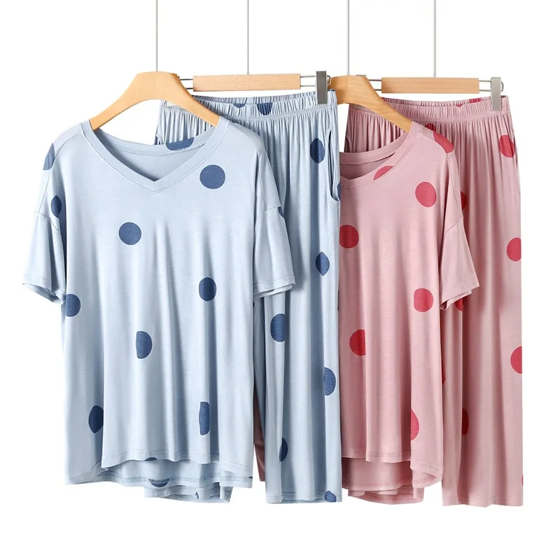 Modal Pajamas Women\'s 2023 Summer Short Sleeve Sleepwear Soft V-Neck Loungewear Pjs L-XXL Loose Size Dot Print Pyjama Set