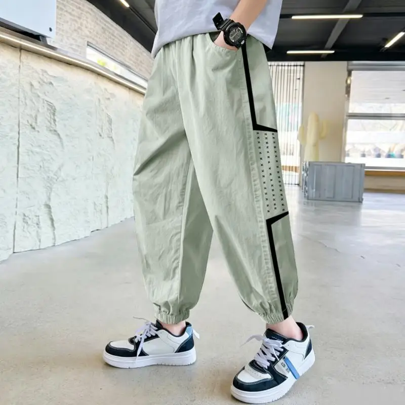 2026 new children's pants for boys in summer thin ice silk cool feeling leg binding mosquito proof pants for 4-14 years old