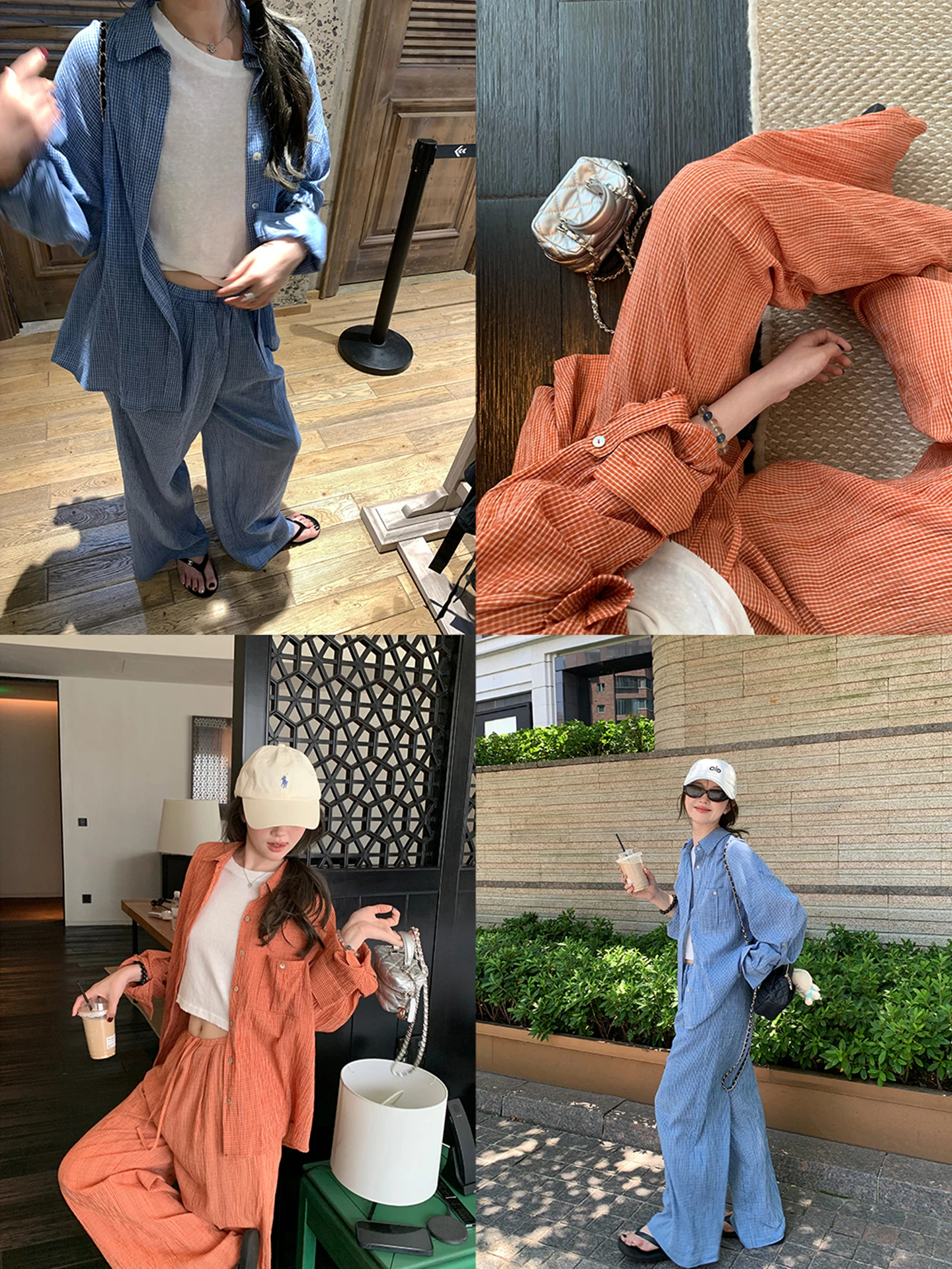 

Удобный летний комплект для женщин: хлопковая рубашка с длинным рукавом и воротником на пуговицах, а также широкие брюки в ретро-клетку для защиты от солнца.