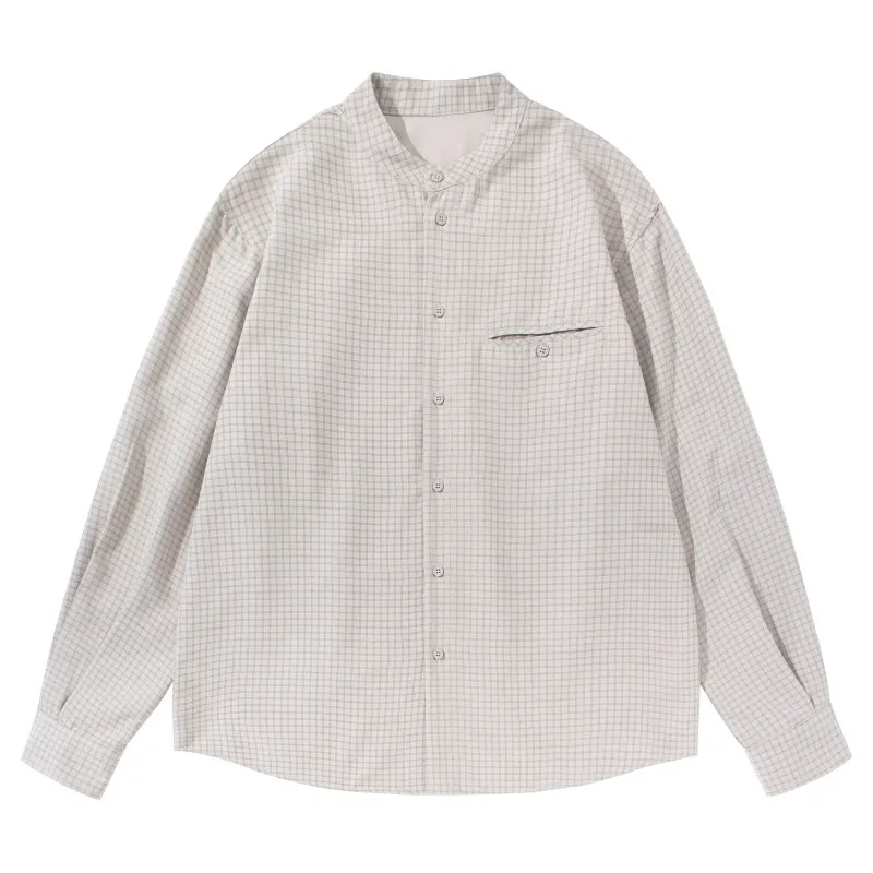 

Мужская рубашка свободного кроя с длинным рукавом, воротником-стойкой, в клетку, с карманами, повседневная, универсальная, из полиэстера, для городских прогулок, весна 2026