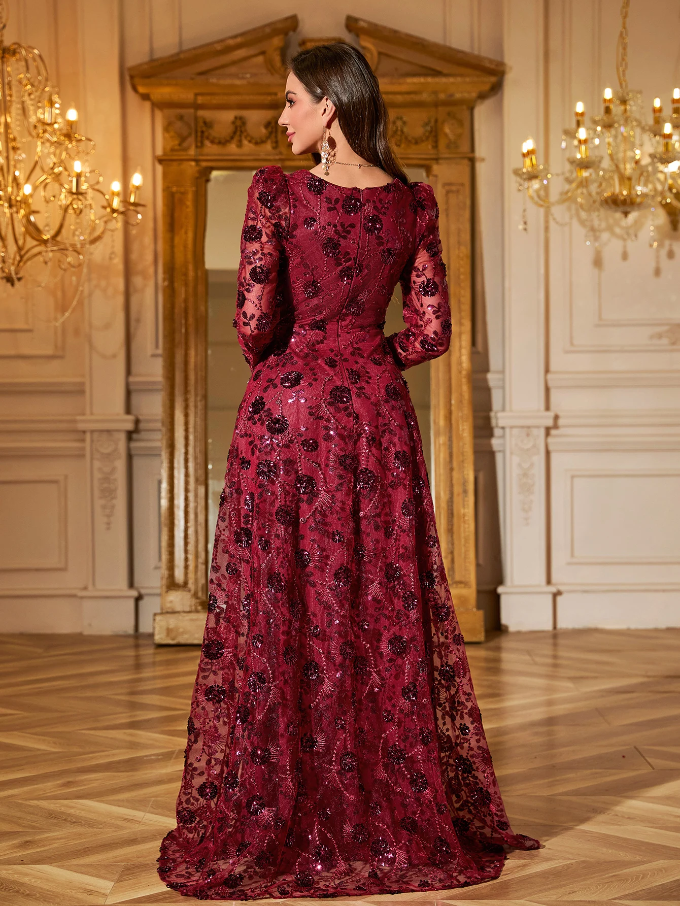 فستان سهرة نسائي من UNITHORSE برقبة على شكل حرف V وأكمام طويلة ومزين بالترتر